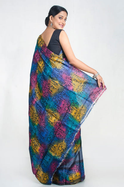 Greyish Blue Block Printed Pure Silk Mark Certified Tussar Silk Sarees - Dailybuyys