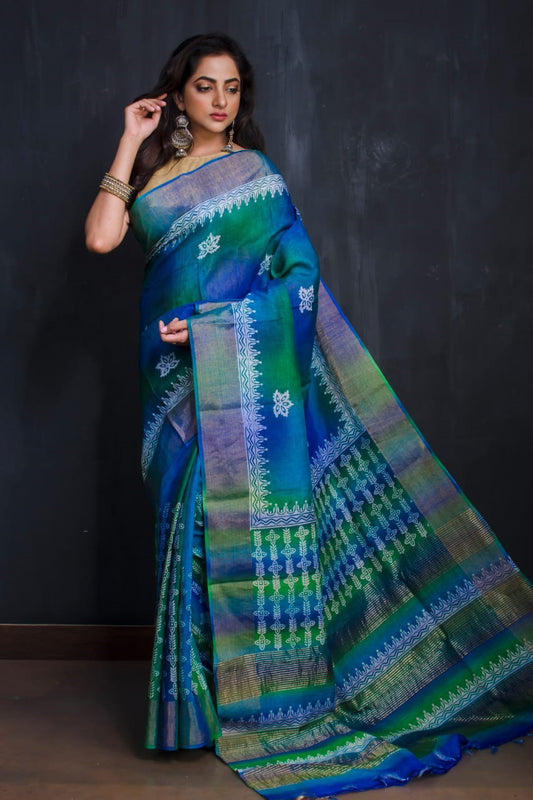 Blue Green Block Printed Zari Border Pure Silk Mark Certified Tussar Silk Sarees - Dailybuyys