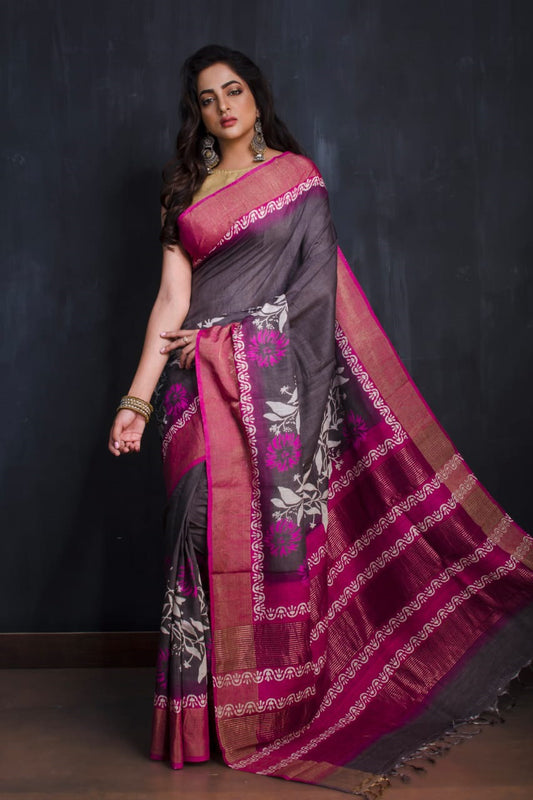 Black Purple Block Printed Zari Border Pure Silk Mark Certified Tussar Silk Sarees - Dailybuyys
