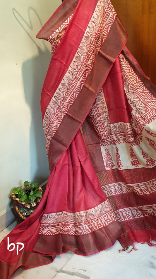 Red Beige Block Printed Zari Border KK Pure Silk Mark Certified Tussar Silk Sarees - Dailybuyys