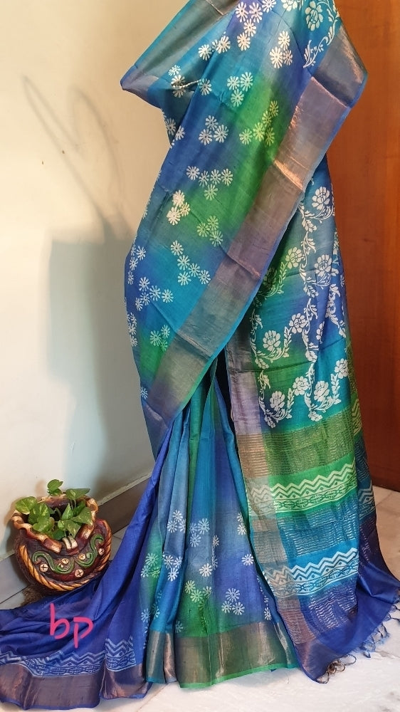 Blue Block Printed Zari Border Pure Silk Mark Certified Tussar Silk Sarees - Dailybuyys