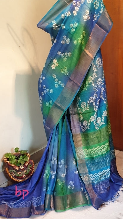 Blue Block Printed Zari Border Pure Silk Mark Certified Tussar Silk Sarees - Dailybuyys