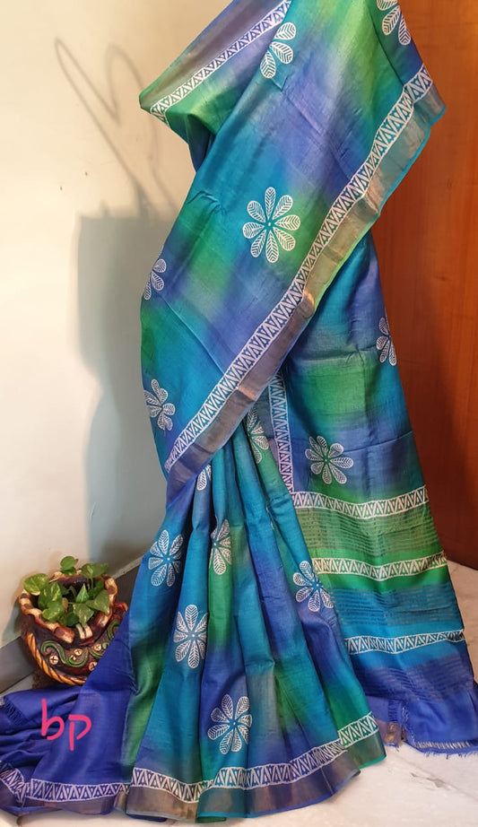 Blue Block Printed Zari Border Pure Silk Mark Certified Tussar Silk Sarees - Dailybuyys