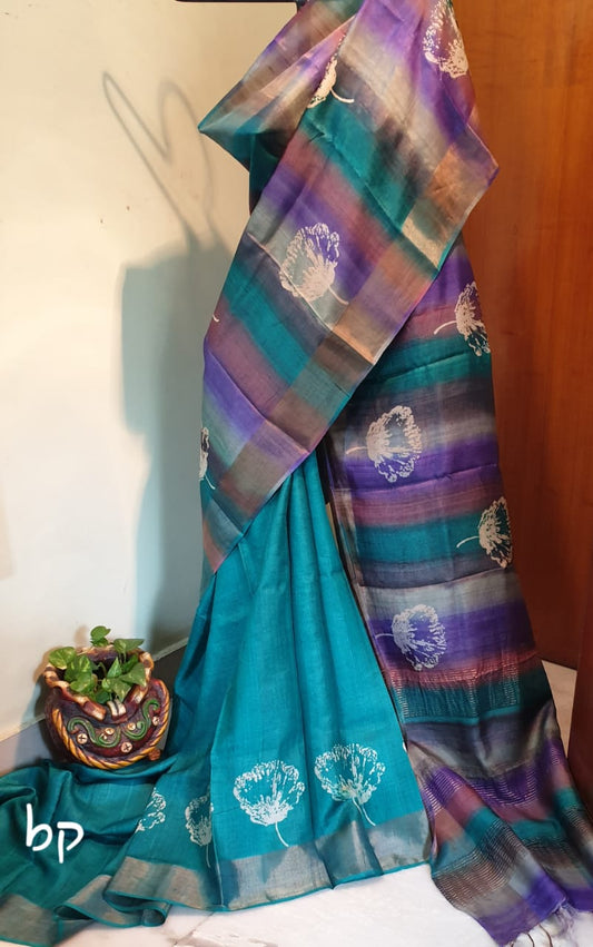 Blue Block Printed Zari Border Pure Silk Mark Certified Tussar Silk Sarees - Dailybuyys