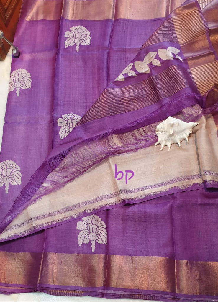 Purple Designer Block Printed Zari Border KK Pure Silk Mark Certified Tussar Silk Sarees