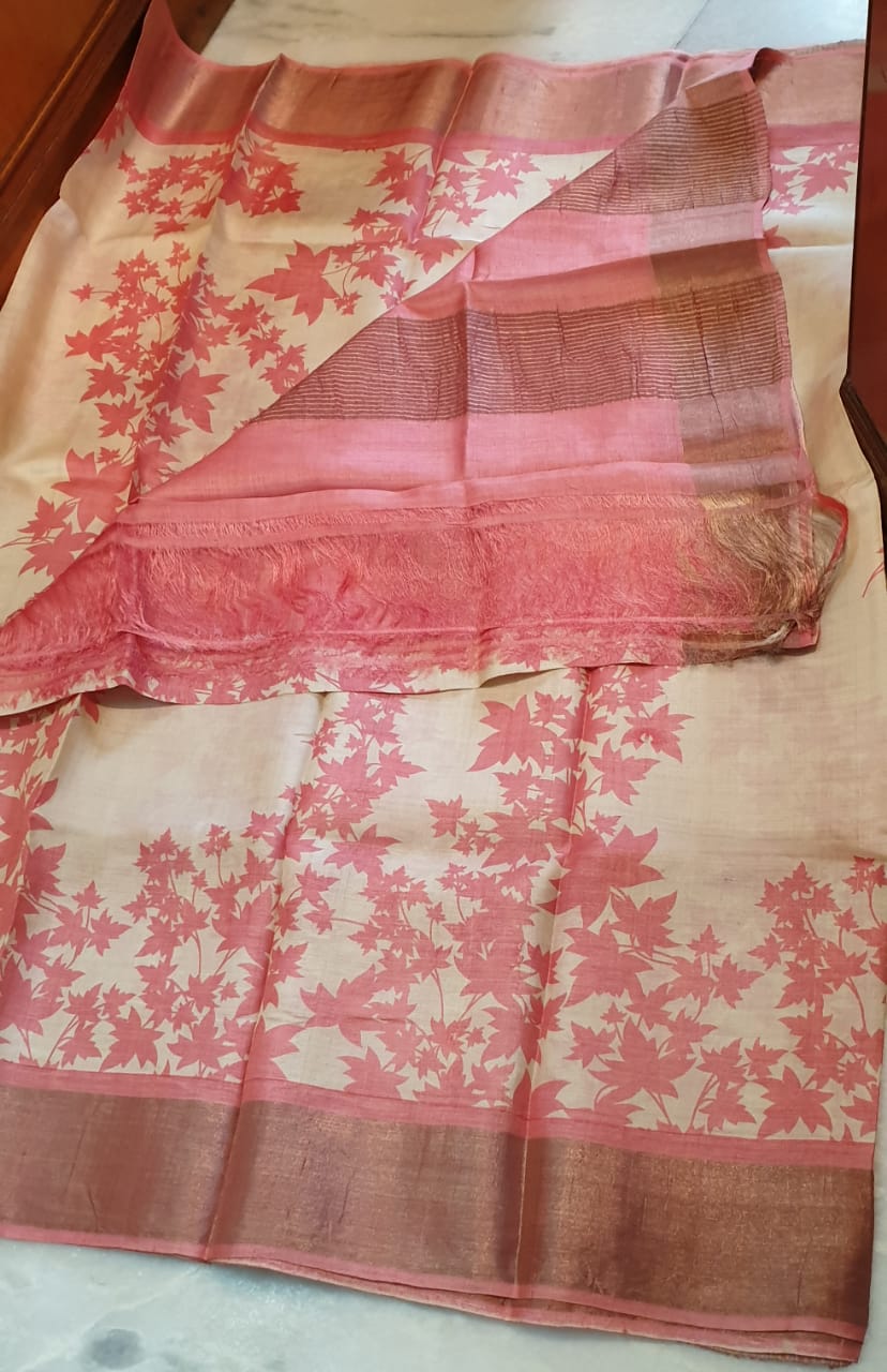 Pink on Beige Block Printed Zari Border Pure Silk Mark Certified Tussar Silk Sarees - Dailybuyys