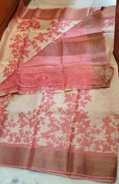 Pink on Beige Block Printed Zari Border Pure Silk Mark Certified Tussar Silk Sarees - Dailybuyys