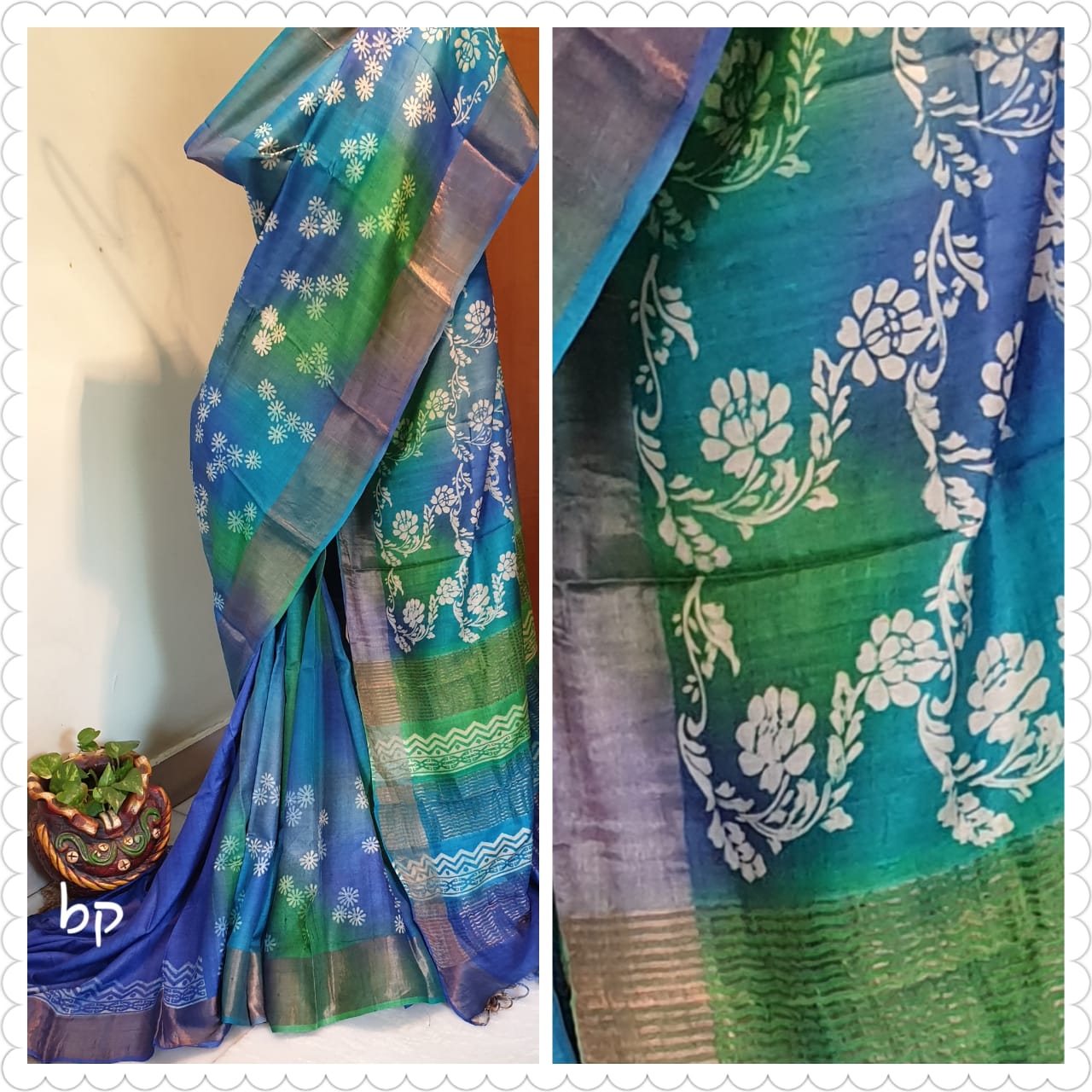Blue Block Printed Zari Border Pure Silk Mark Certified Tussar Silk Sarees - Dailybuyys