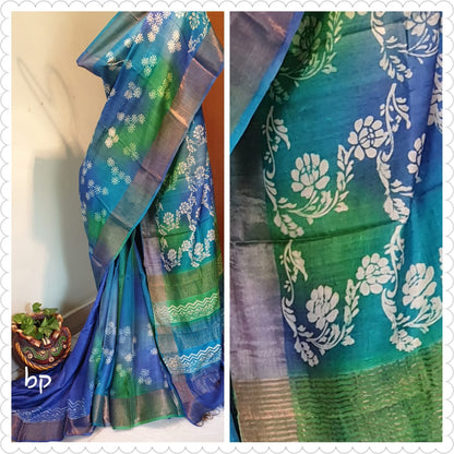 Blue Block Printed Zari Border Pure Silk Mark Certified Tussar Silk Sarees - Dailybuyys