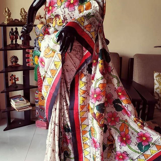 Beige White Hand Painted Pure Silk Mark Certified Bishnupuri Silk Sarees - Dailybuyys