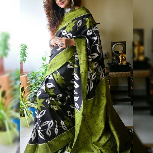 Green Black Hand Painted Pure Silk Mark Certified Bishnupuri Silk Sarees - Dailybuyys