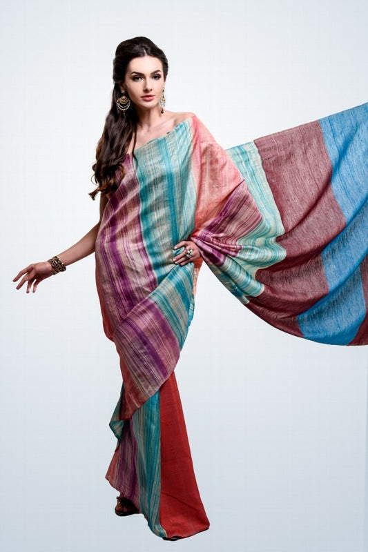 Blue Red Hand Painted Pure Silk Mark Certified Bishnupuri Silk Sarees - Dailybuyys