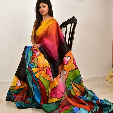 Yellow Black Hand Painted Pure Silk Mark Certified Bishnupuri Silk Sarees - Dailybuyys