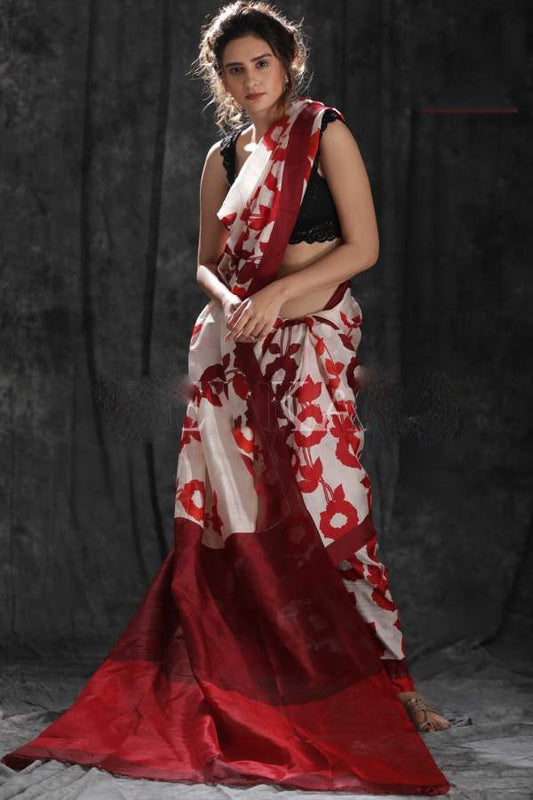 Red Beige Hand Painted Pure Silk Mark Certified Bishnupuri Silk Sarees - Dailybuyys
