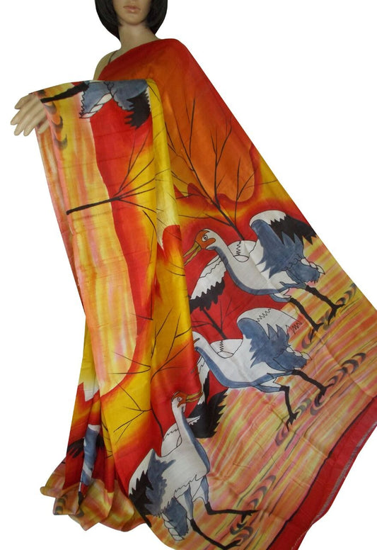 Yellow Orange Hand Painted Pure Silk Mark Certified Bishnupuri Silk Sarees - Dailybuyys