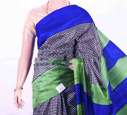 Blue Block Printed Pure Silk Mark Certified Bishnupuri Silk Sarees - Dailybuyys