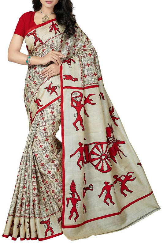 Beige Red Hand Painted Pure Silk Mark Certified Bishnupuri Silk Sarees - Dailybuyys