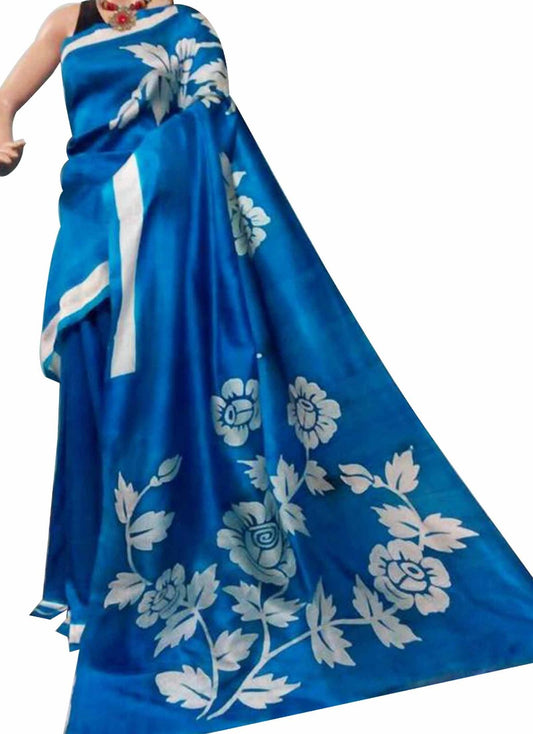 Blue Hand Painted Pure Silk Mark Certified Bishnupuri Silk Sarees - Dailybuyys