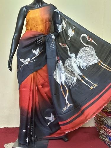 Black Orange Pure Hand Painted Silk Mark Certified Bishnupuri Silk Sarees - Dailybuyys