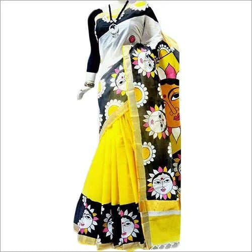 Yellow Hand Painted Pure Silk Mark Certified Bishnupuri Silk Sarees - Dailybuyys