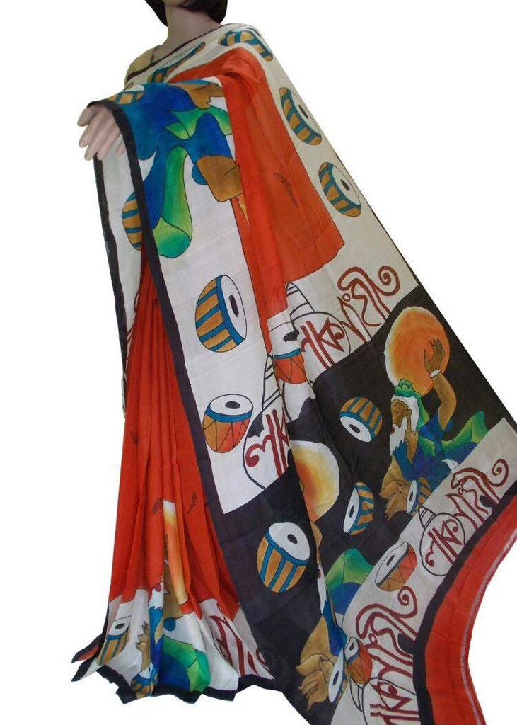 Orange Pure Hand Painted Silk Mark Certified Bishnupuri Silk Sarees