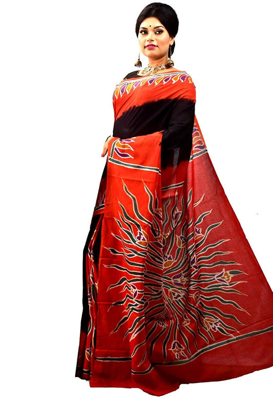 Orange Black Hand Painted Pure Silk Mark Certified Bishnupuri Silk Sarees - Dailybuyys