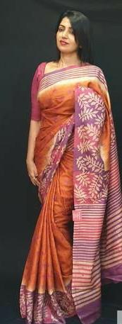 Orange Block Printed Pure Silk Mark Certified Tussar Silk Sarees - Dailybuyys