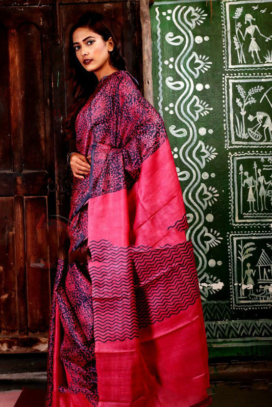Purple Violet Block Printed Zari Border Pure Silk Mark Certified Tussar Silk Sarees - Dailybuyys