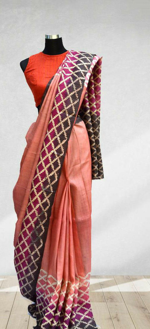Pink Brown Hand/Block Printed Tusar Silk Sarees - Dailybuyys
