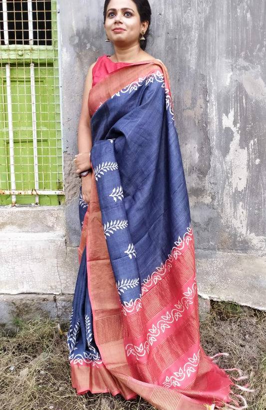 Blue Red  Zari Border Block Printed Pure Silk Mark Certified Tussar Silk Sarees - Dailybuyys