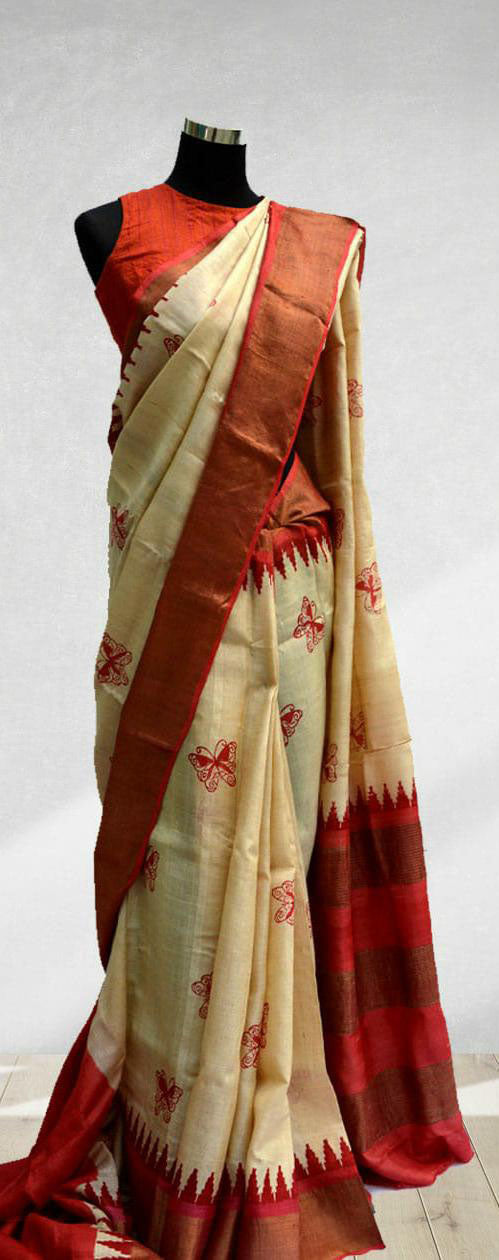 Beige Red Block Printed Zari Border Pure Silk Mark Certified Tussar Silk Sarees - Dailybuyys