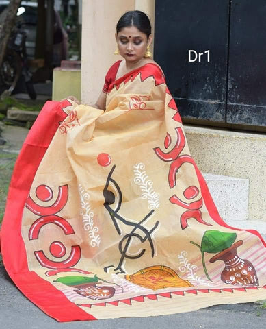 Beige Hand Painted Pure Cotton Dhonekhali Handloom Sarees Get Extra 10% Discount on All Prepaid Transaction