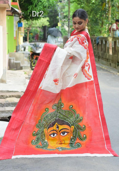 Beige Hand Painted Pure Cotton Dhonekhali Handloom Sarees
