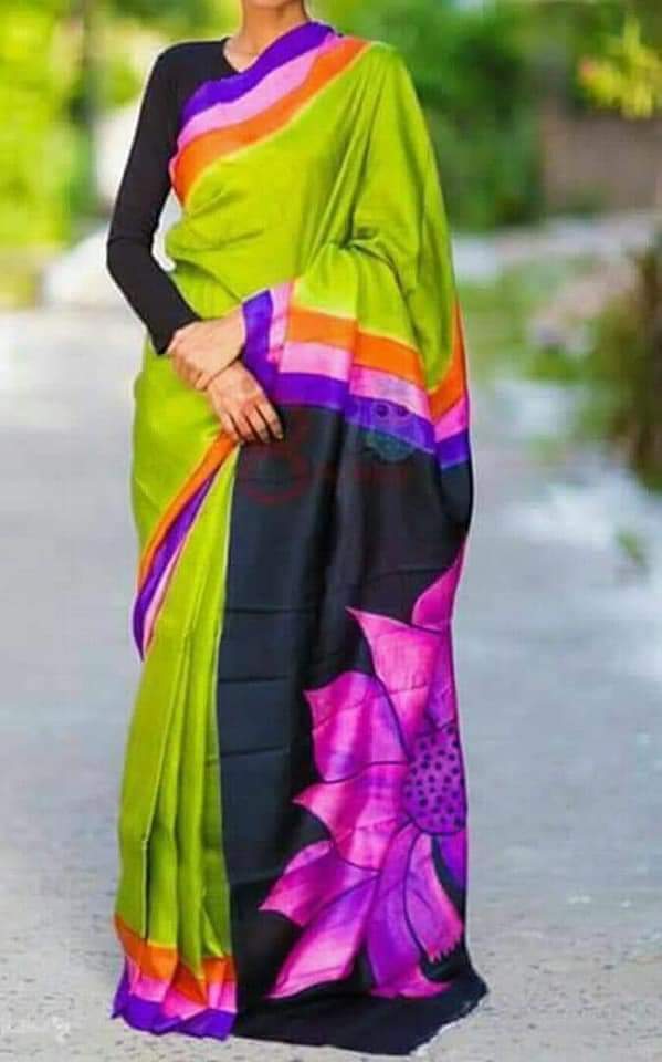 Green Black Hand Painted Pure Silk Mark Certified Murshidabad Silk Sarees - Dailybuyys