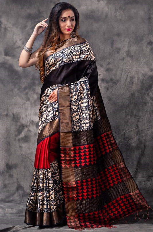 Black Red Block Printed Zari Border Pure Silk Mark Certified Tussar Silk Sarees - Dailybuyys