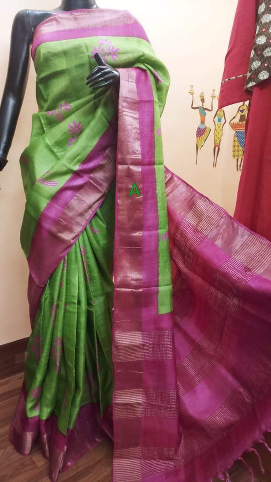 Green Designer Block Printed Zari Border Pure Silk Mark Certified Tussar Silk Sarees - Dailybuyys