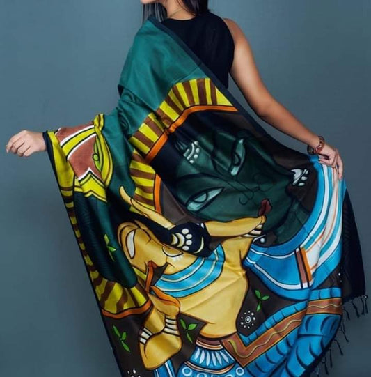 Green Hand Painted  Pure Silk Mark Certified Murshidabad Silk Sarees - Dailybuyys