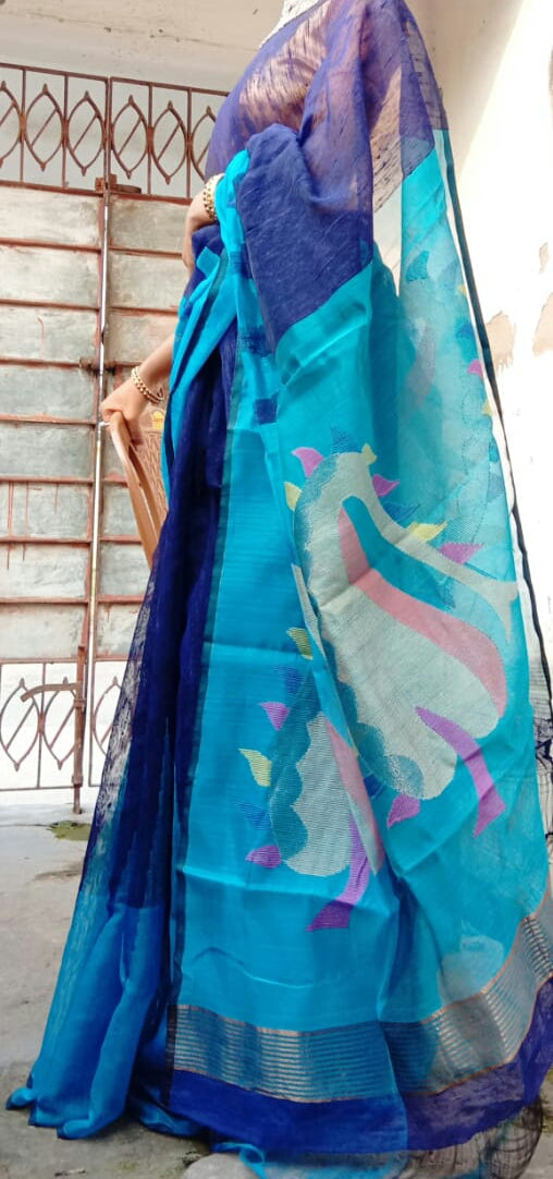 Blue Hand Work Matka Jamdani Sarees - Dailybuyys