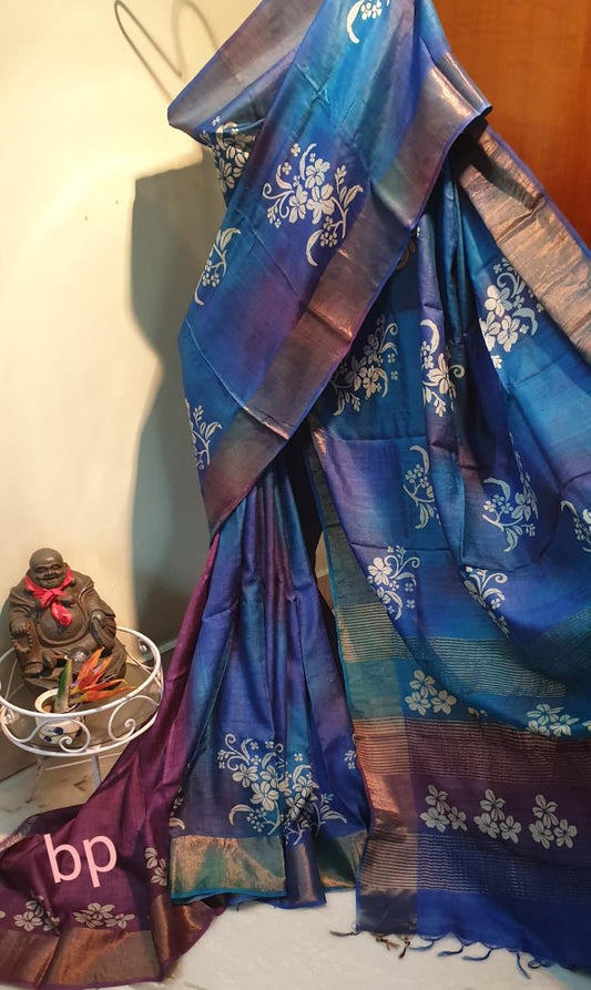 Blue Zari Border Block Printed Pure Silk Mark Certified Tussar Silk Sarees - Dailybuyys