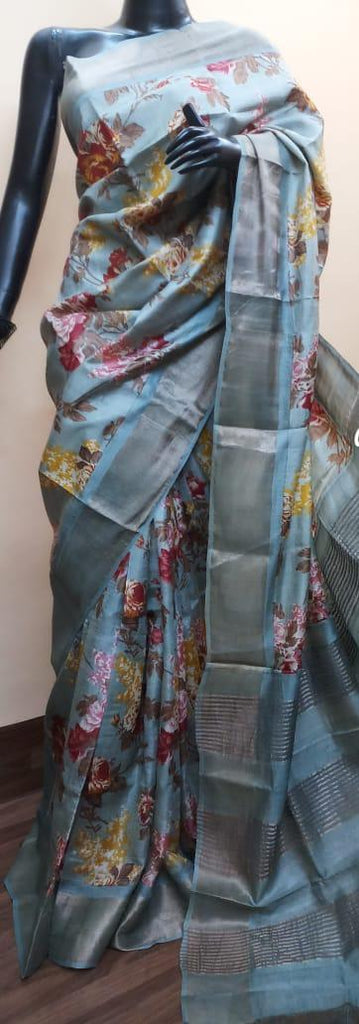 Grey Beige Zari Boarder Hand Painted Pure Silk Mark Certified Tussar Silk Sarees