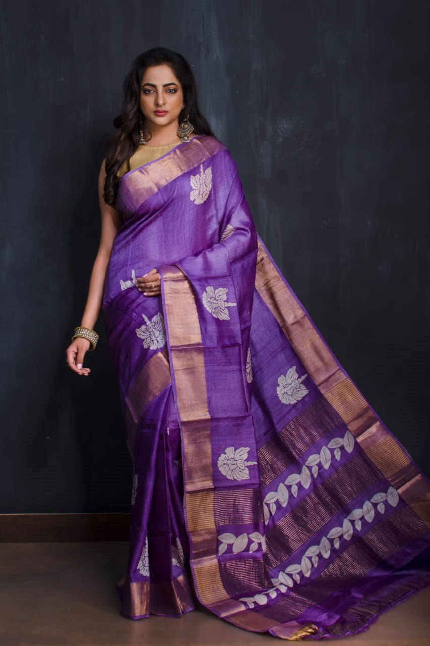Violet Zari Border Block Printed Pure Silk Mark Certified Tussar Silk Sarees - Dailybuyys