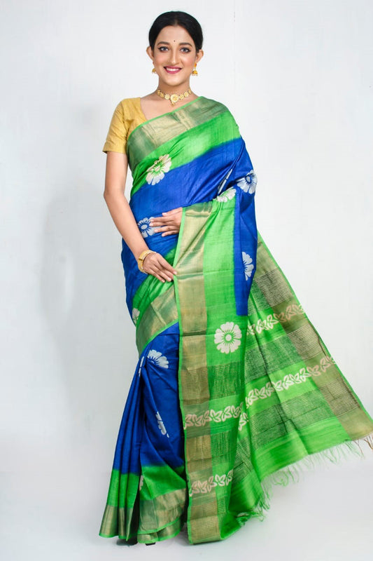 Green Blue Block Printed Zari Border Pure Silk Mark Certified Tussar Silk Sarees - Dailybuyys