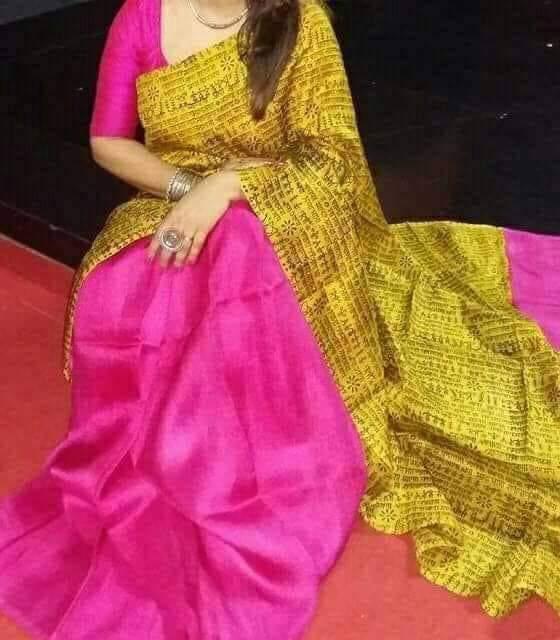 Yellow Pink Pure Silk Mark Certified Murshidabad Silk Sarees - Dailybuyys