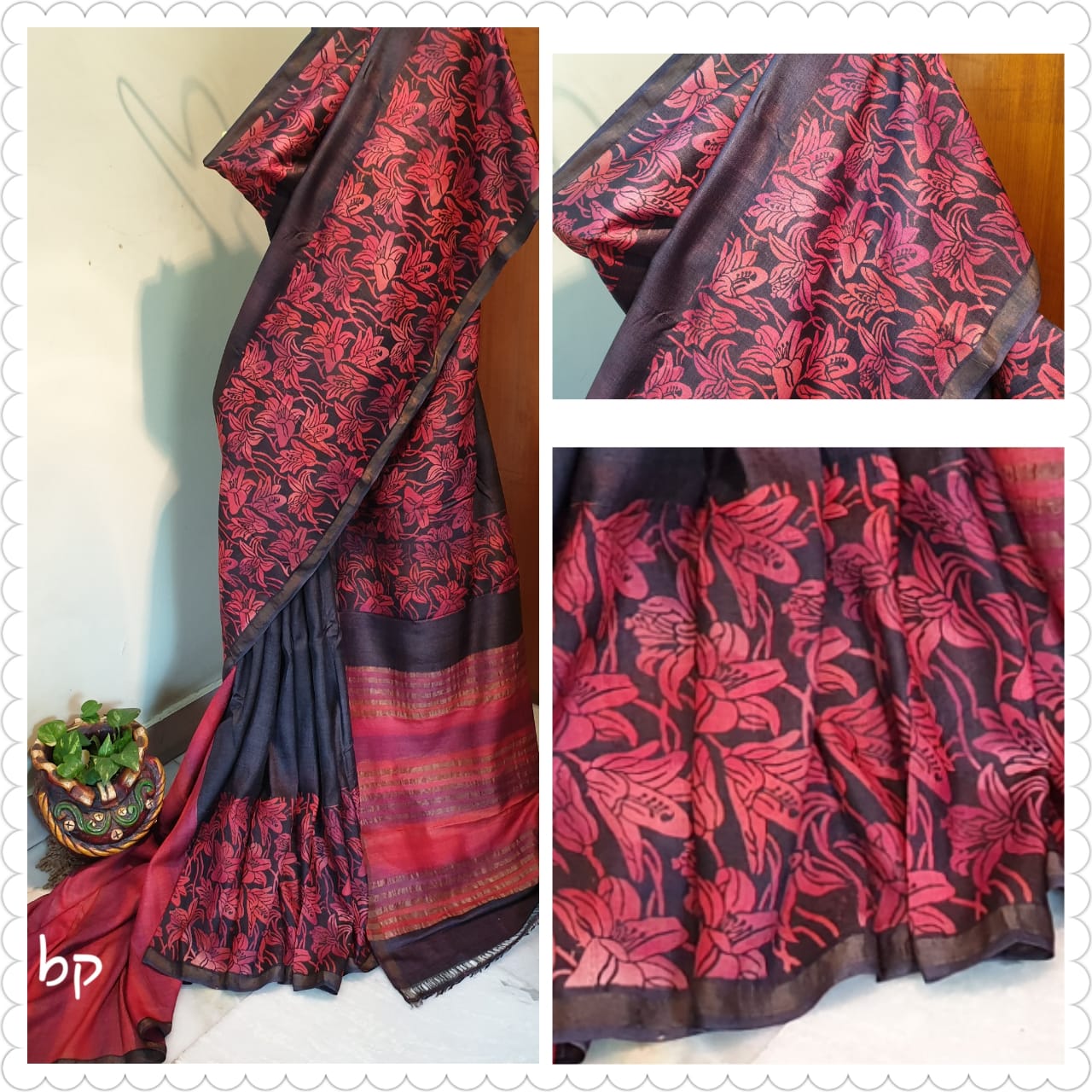 Black Red Hand Painted Zari Border Pure Silk Mark Certified Tussar Silk Sarees - Dailybuyys