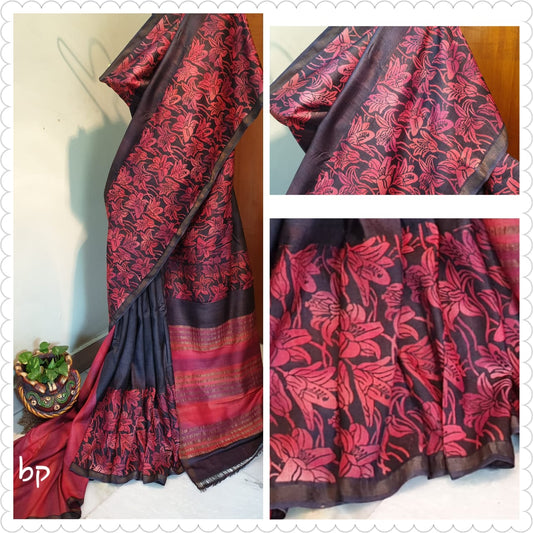 Black Red Hand Painted Zari Border Pure Silk Mark Certified Tussar Silk Sarees - Dailybuyys