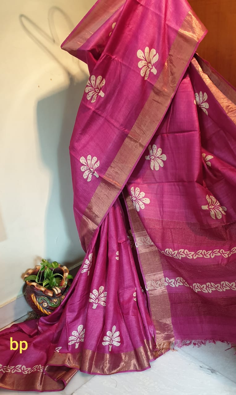 Purple Rani Block Printed Zari Border Pure Silk Mark Certified Tussar Silk Sarees - Dailybuyys