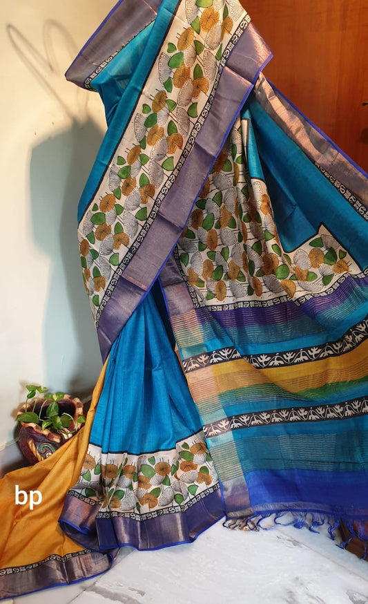 Blue Beige Block Printed Zari Border Pure Silk Mark Certified Tussar Silk Sarees - Dailybuyys