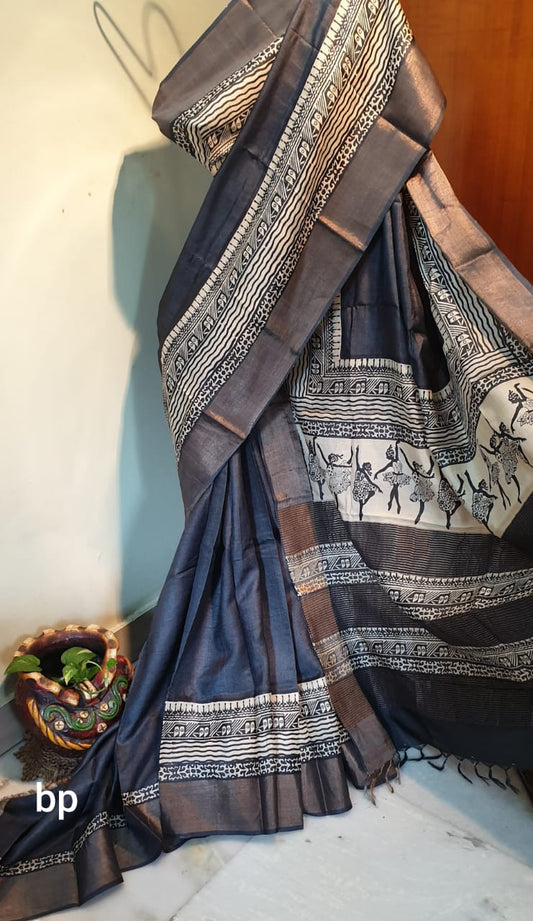 Grey Beige Block Printed Zari Border Pure Silk Mark Certified Tussar Silk Sarees - Dailybuyys