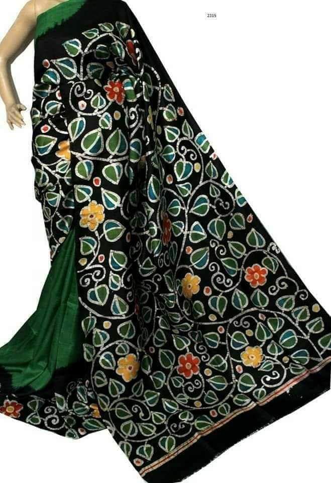 Green Black Hand Painted Wax Batik  Pure Silk Mark Certified Murshidabad Silk Sarees - Dailybuyys