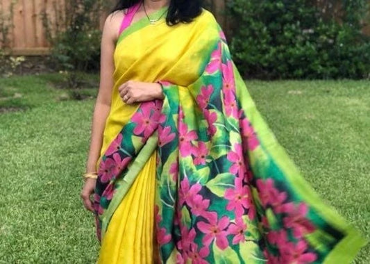 Yellow Hand Painted Pure Silk Mark Certified Bishnupuri Silk Sarees - Dailybuyys